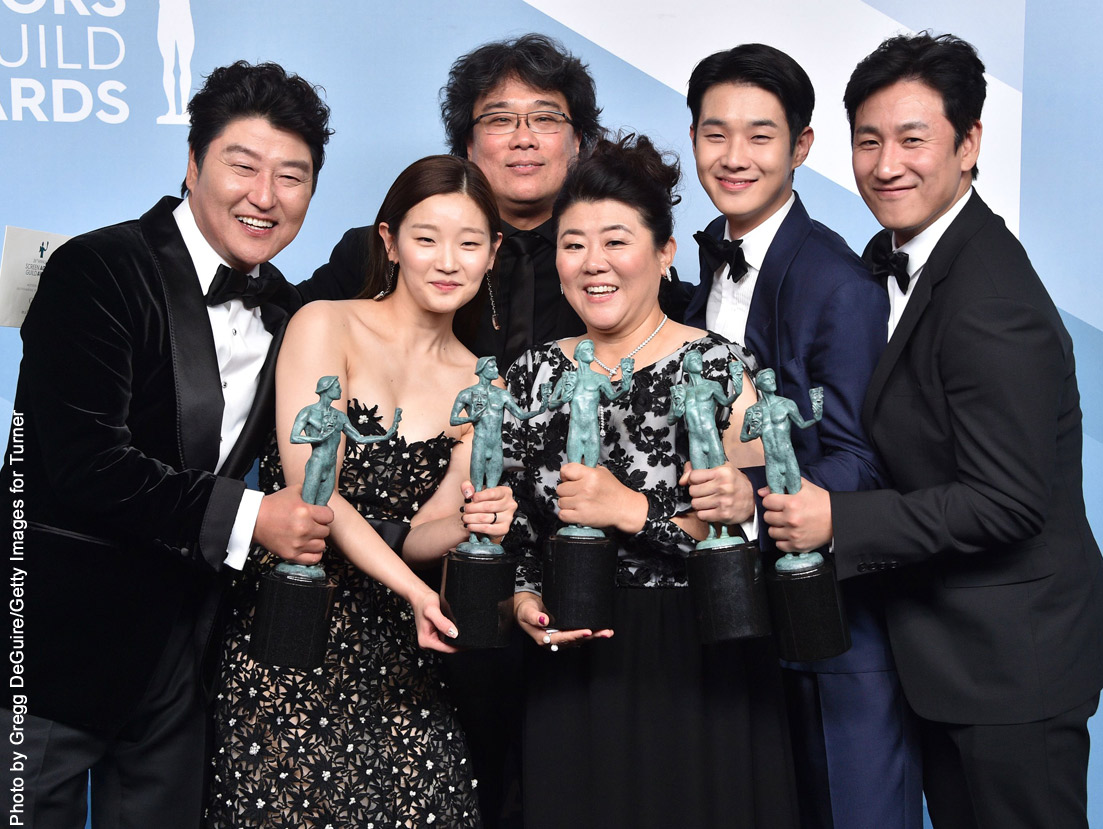 Parasite cast Song Kang-ho, Cho Yeo-jeong, director Bong Joon-ho, Lee Jung-eun, Choi Woo-shik, and Lee Sun-kyun 