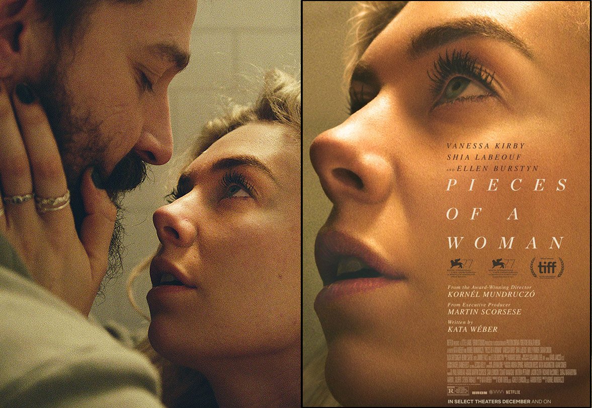 Pieces of a Woman L: movie still with Shia LaBeouf R: poster with only Vanessa Kirby